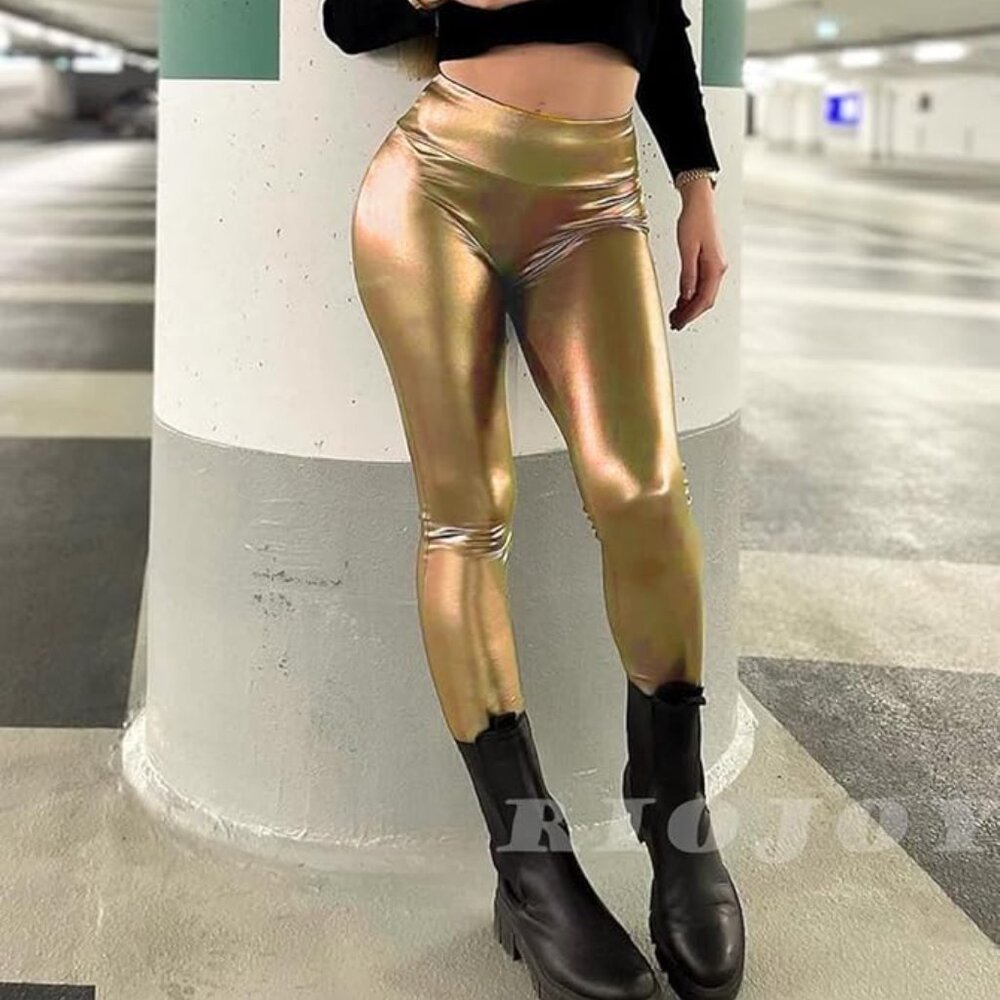 Gold Liquid Faux Vegan Leather Leggings